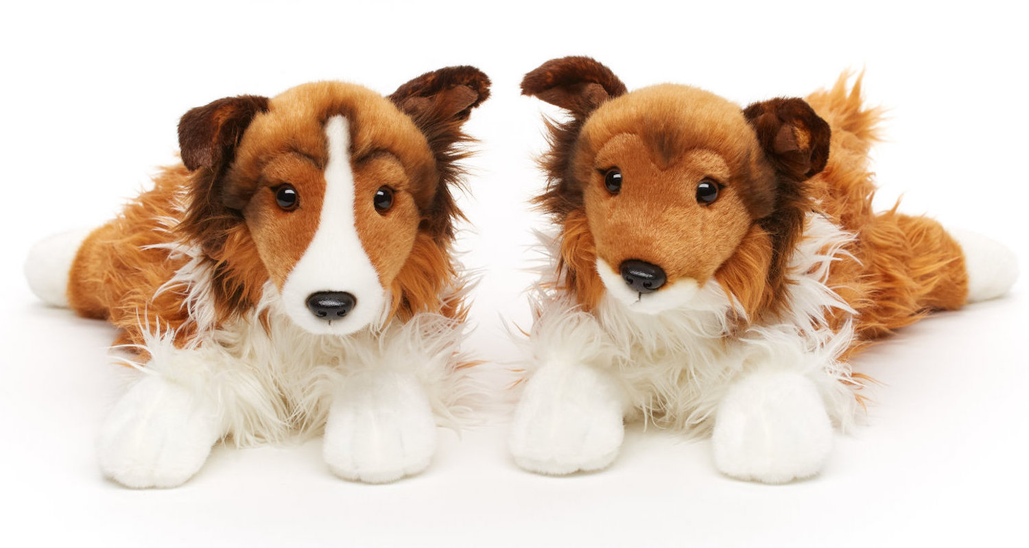 Uni-Toys - long hair collie with leash, sitting - Face white-brown - 27 cm (height) - Plush dog, Collie - Plush toy, Cuddly toy