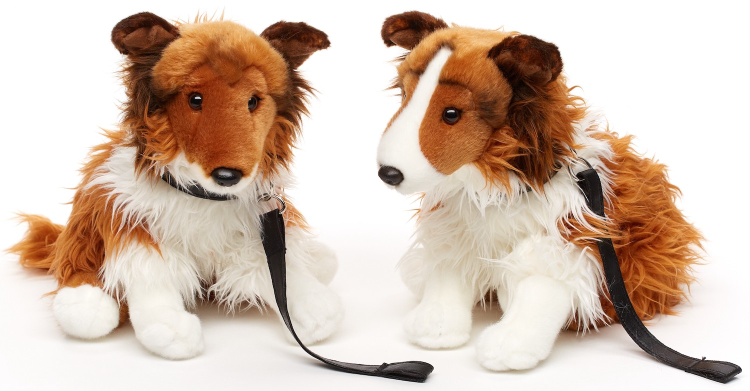 Long hair collie with leash, sitting - Face white-brown  OR brown- 27 cm (height) 